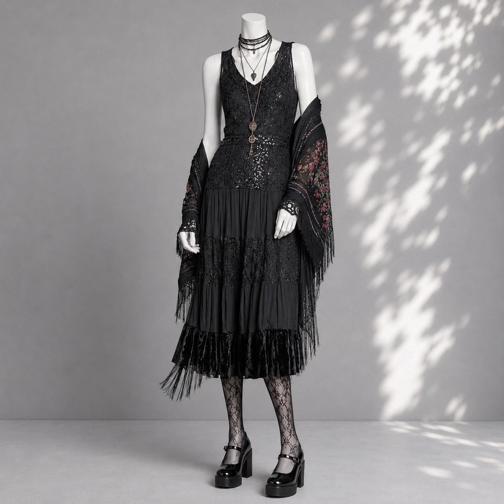 Reba Whimsigoth Cocktail Dress 14 Black Lace Sequin Tiered Romantic Boho Midi